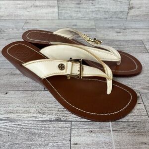 Tory Burch White Brown Leather Sandals with Gold Buckle size 6